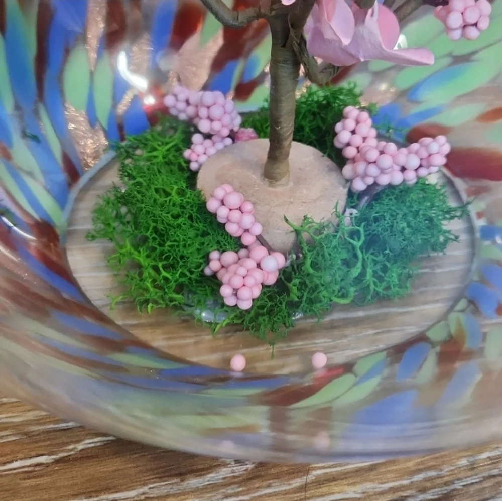 Cherry Blossom ? Pink Flowers Glass Globe Terrarium Blue Green Orange Spots
